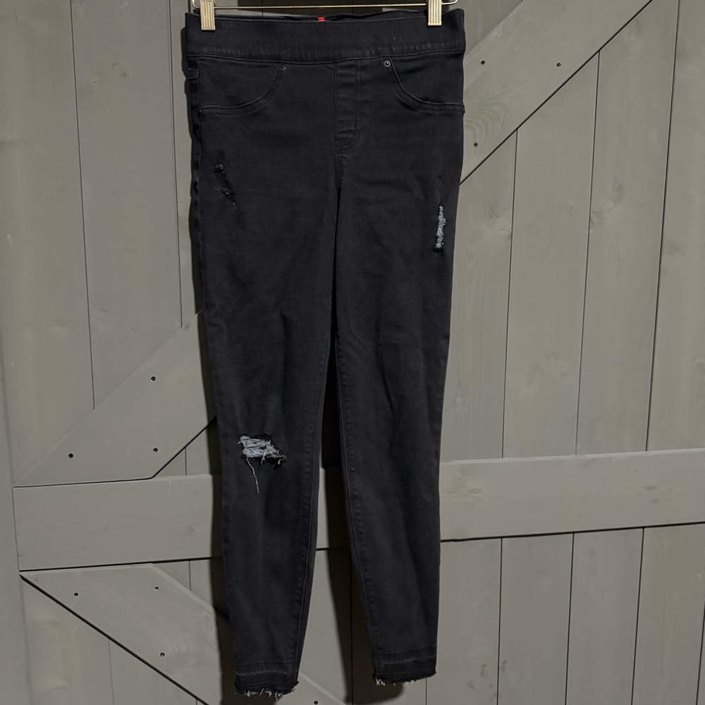Spanx Jeans Women's Black Dark Wash Skinny Distressed Fringe Stretch Denim